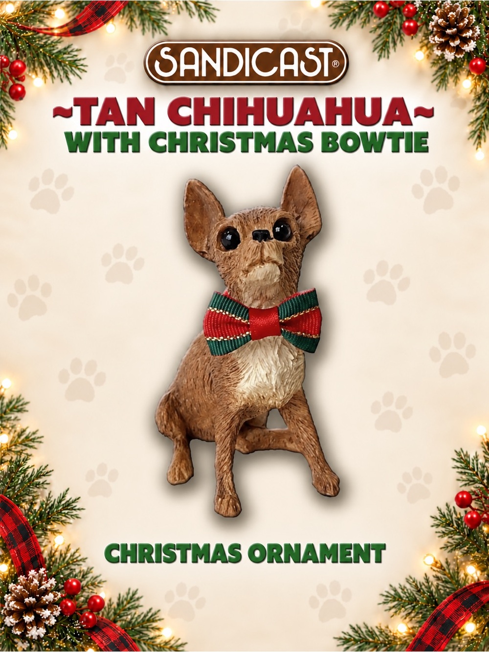 Sandicast Tan CHIHUAHUA with Christmas Bow tie NEW